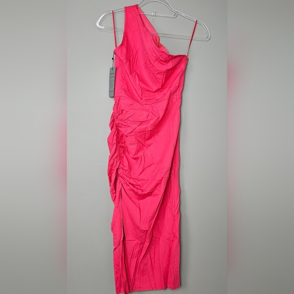 Womens One Shoulder Sleeveless Ruched Bodycon Midi Dress, Hot Pink Rose - Picture 8 of 14